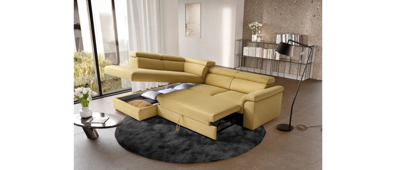 A large, elegant sofa with a deep seat and high back cushions designed for maximum comfort. The double beds are equipped with storage boxes that allow you to take full
