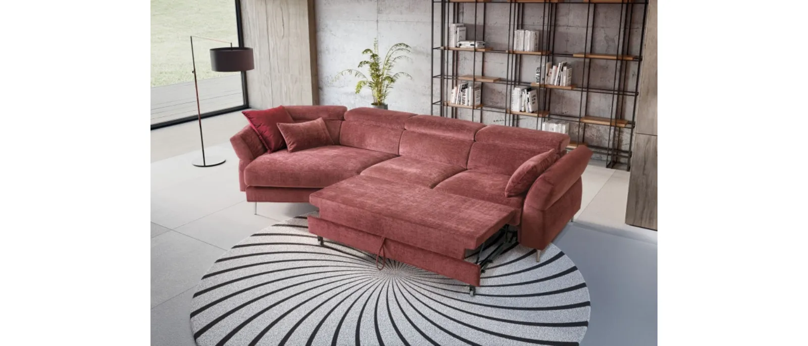 The linear sofa in fabric Aurora by Le comfort is the ideal solution for a small space where it becomes an open bed with two mattresses and