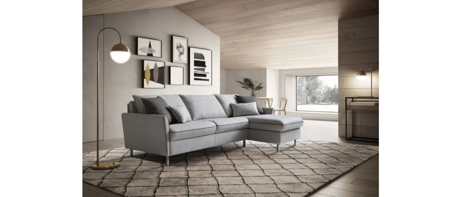 A classic style sofa bed with a chaise longue and 4 poufs