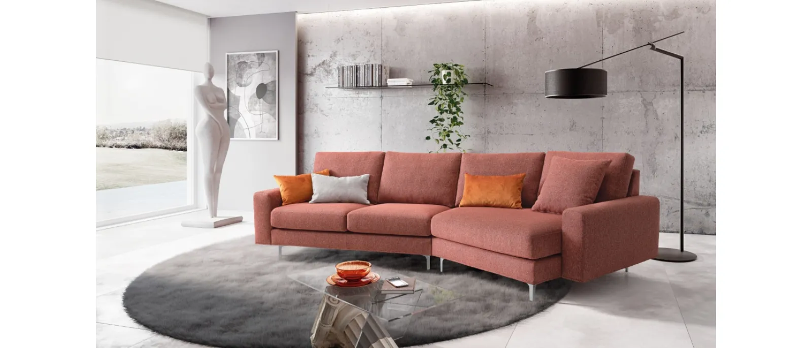 Cassandra by Le Comfort is a linear sofa in fabric with straight armrests