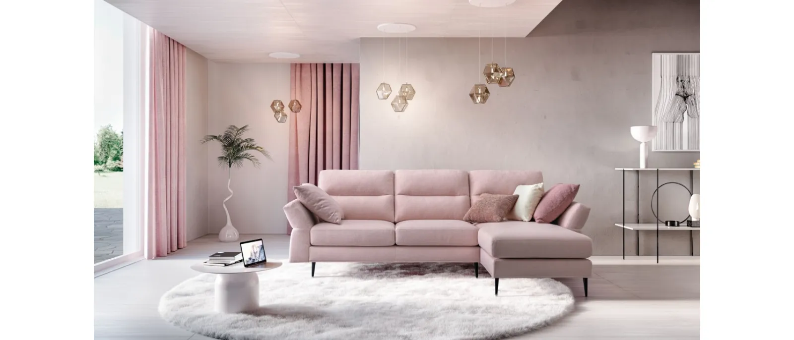 Thoes fabric sofa is a modular system made of cushions and backrests which can