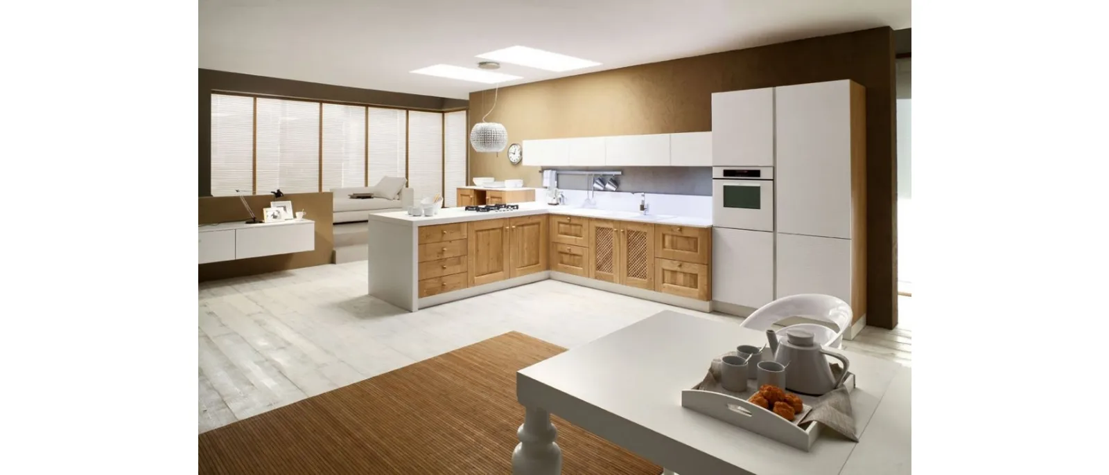 Masonry kitchen with Carola 01 peninsula in natural Oak wood and high-gloss White lacquer by Arrex.
