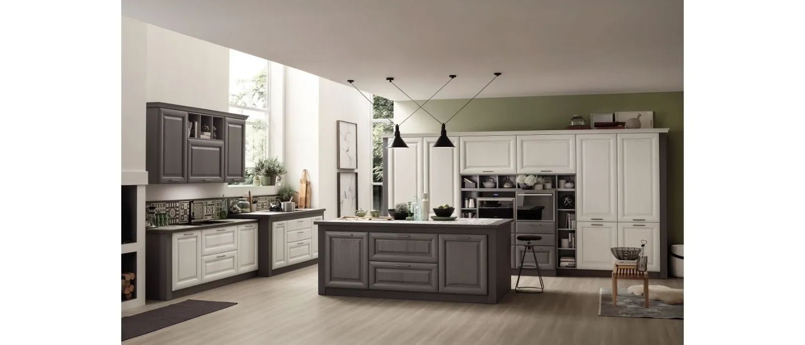 Masonry kitchen with Lola 05 island in Decapè Ice Ash and Anthracite Gray by Arrex.