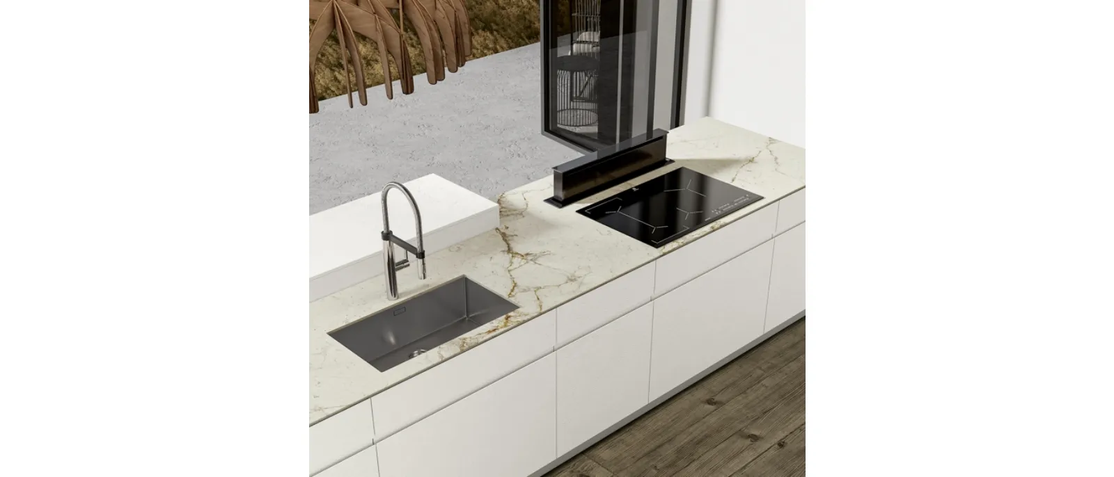 Modern kitchen with Gea 03 island in PET Chalk by Arrex.