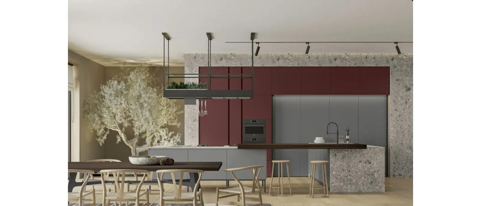 Modern kitchen with Gea 05 peninsula in Sasso PET and lacquered by Arrex.