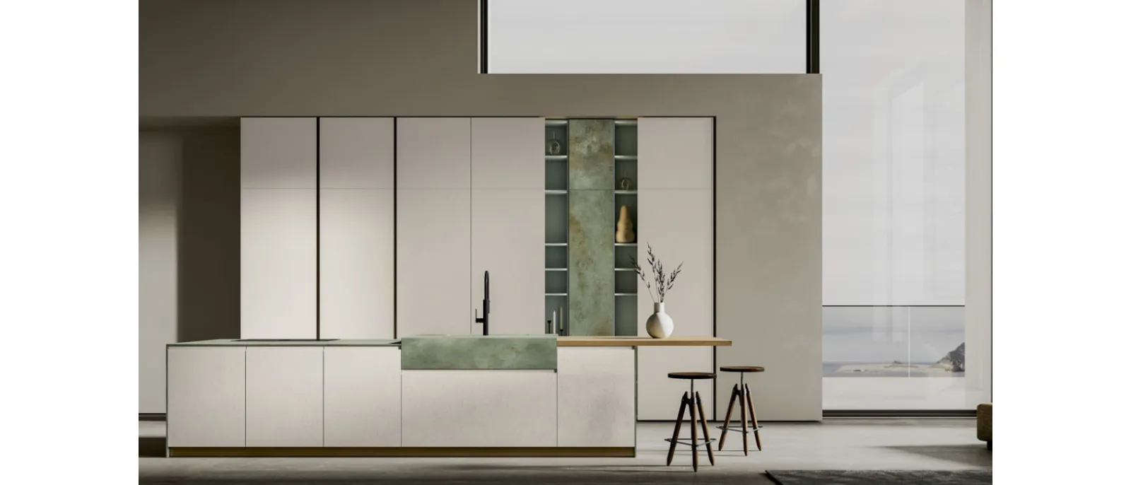 Modern kitchen with island in PET Creta and Gres Ossido Verderame Gea 06 by Arrex.