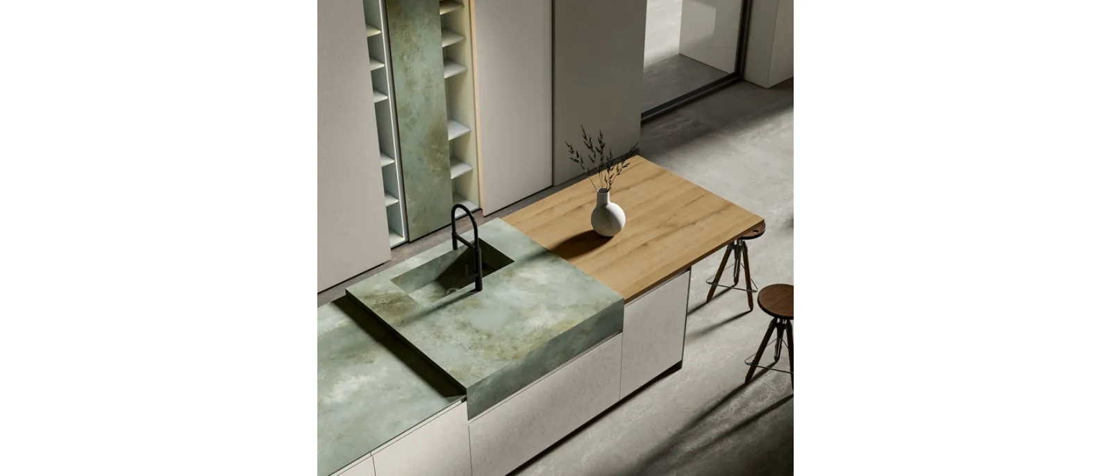 Modern kitchen with island in PET Creta and Grease Oxide Verderame Gea 06 by Arrex.