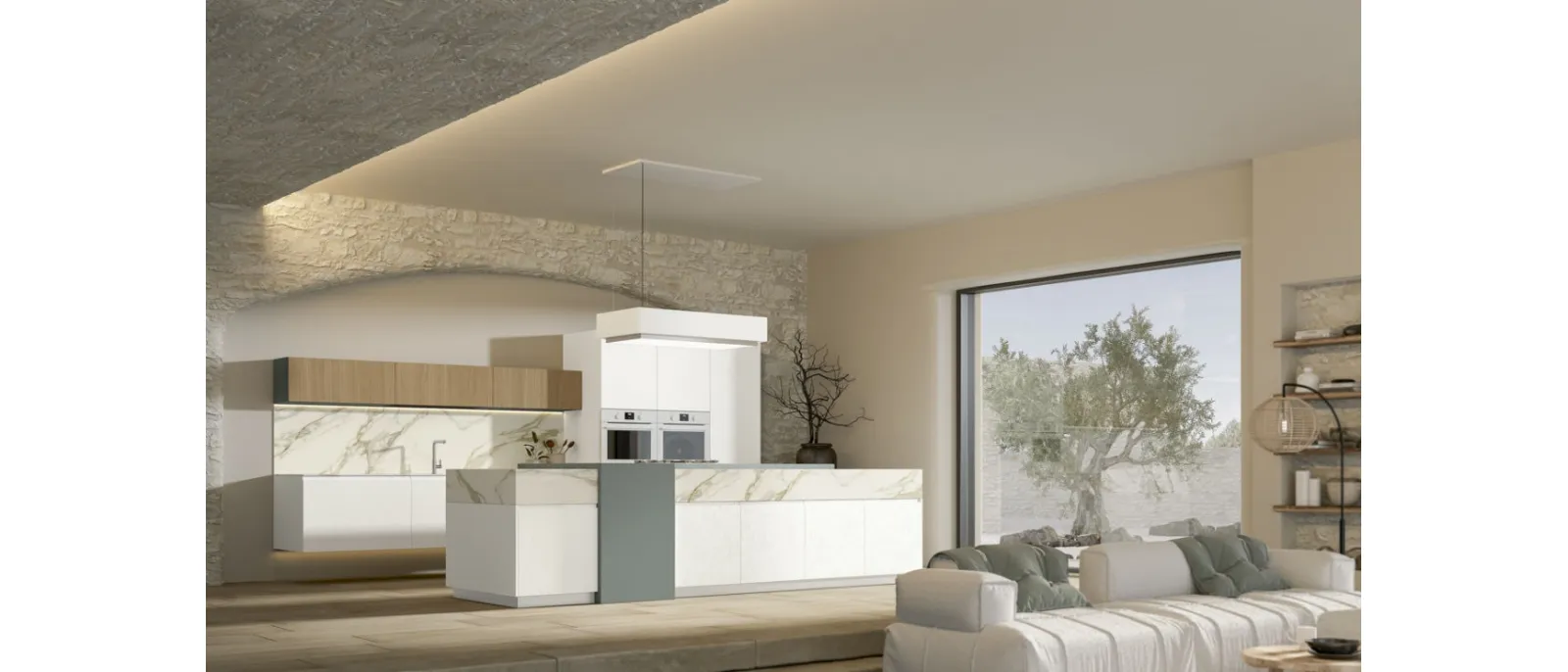 Modern kitchen with Gea 07 island in PET Lime by Arrex