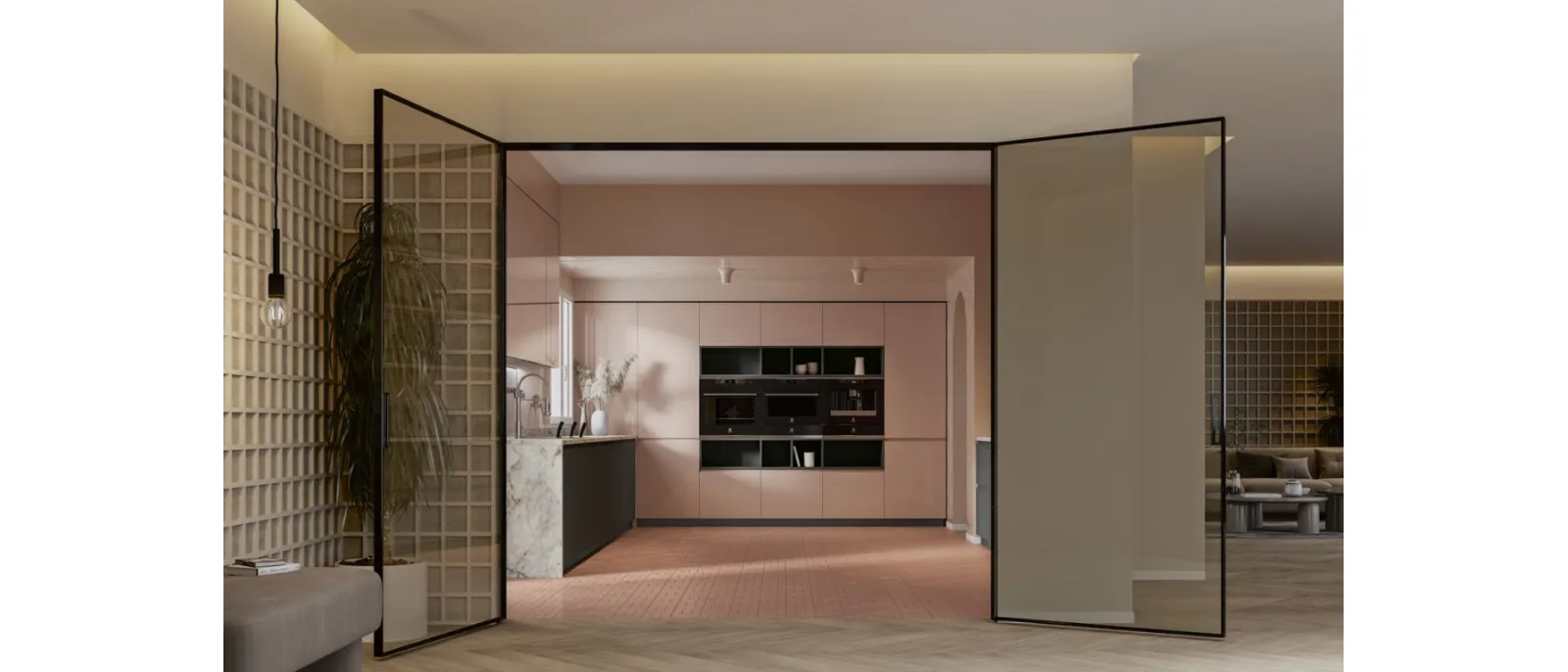 Modern kitchen with Gea 08 peninsula in glossy lacquer and Slate PET by Arrex.