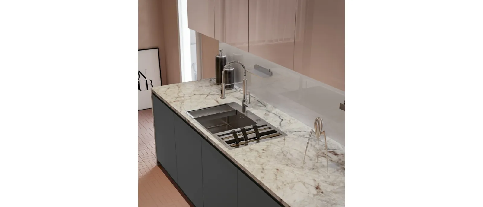 Modern kitchen with Gea 08 peninsula in glossy lacquer and Slate PET by Arrex.