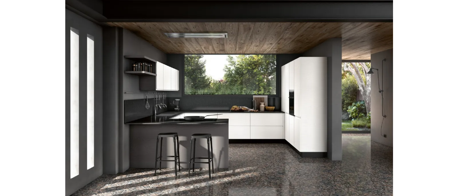 Modern kitchen with Zenit peninsula composition 01 by Essebi.