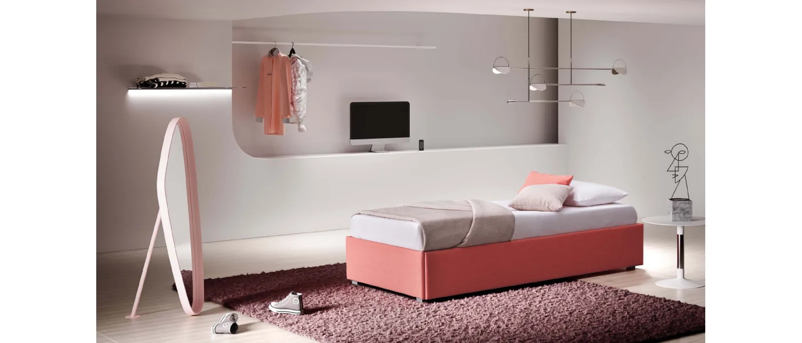 A double or single bed with a built-in pull-out single sofa bed; the