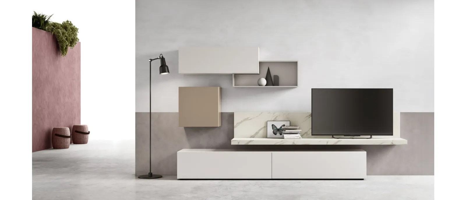 The TV stand for floor is made from solid wood and veneered with