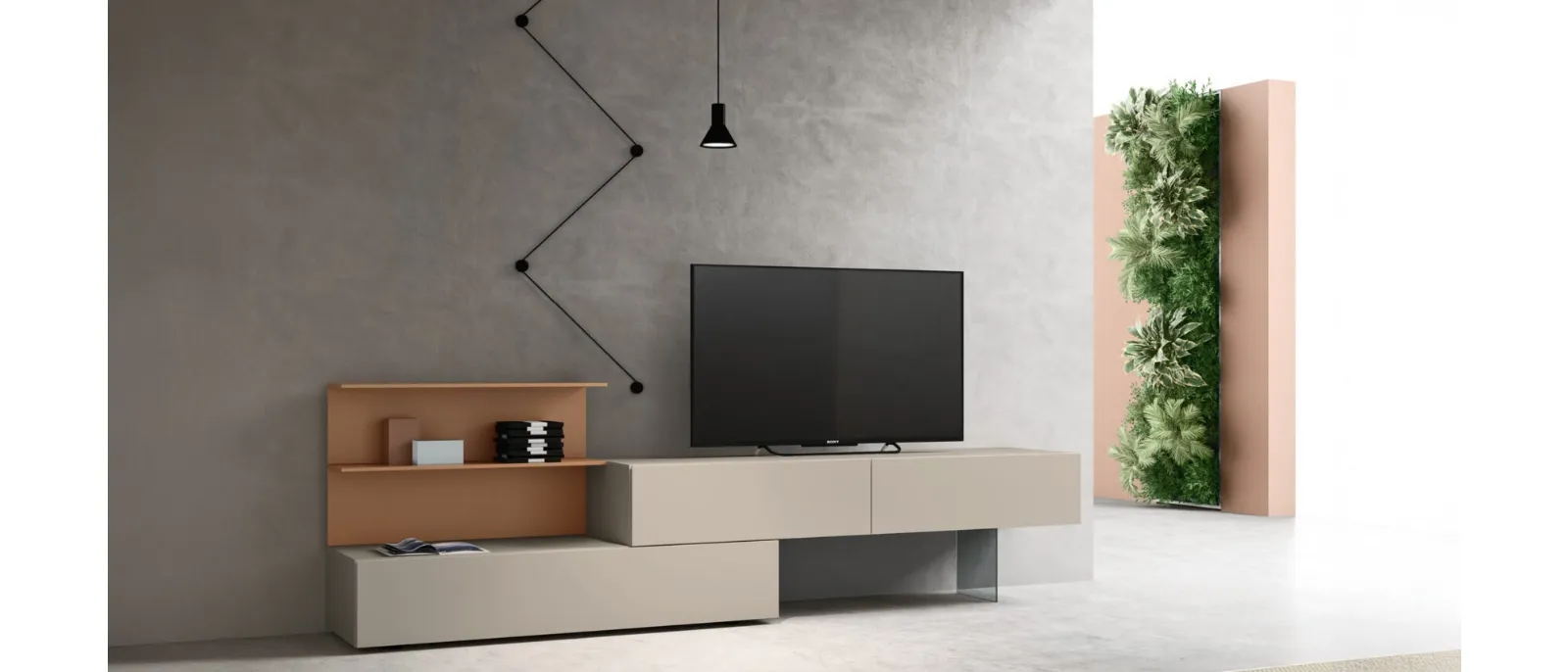 Elegant and sophisticated TV stand with two drawers to be placed under the