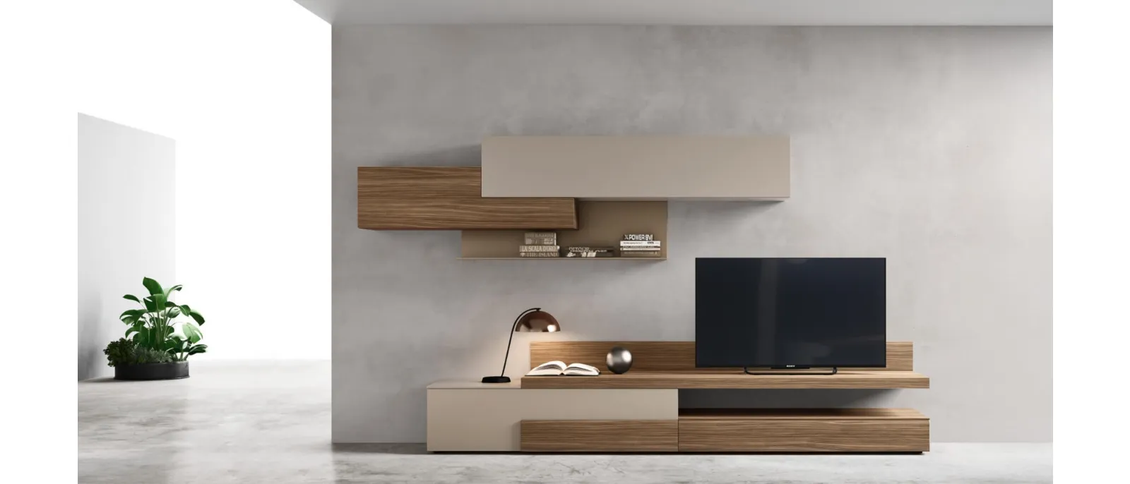 The floor standing TV unit is made of wood veneer with lacqu