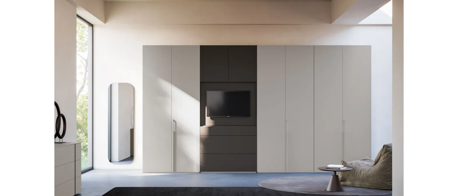 Night 06 swing door wardrobe in Titanium and Tufo matte lacquered finish by Orme.