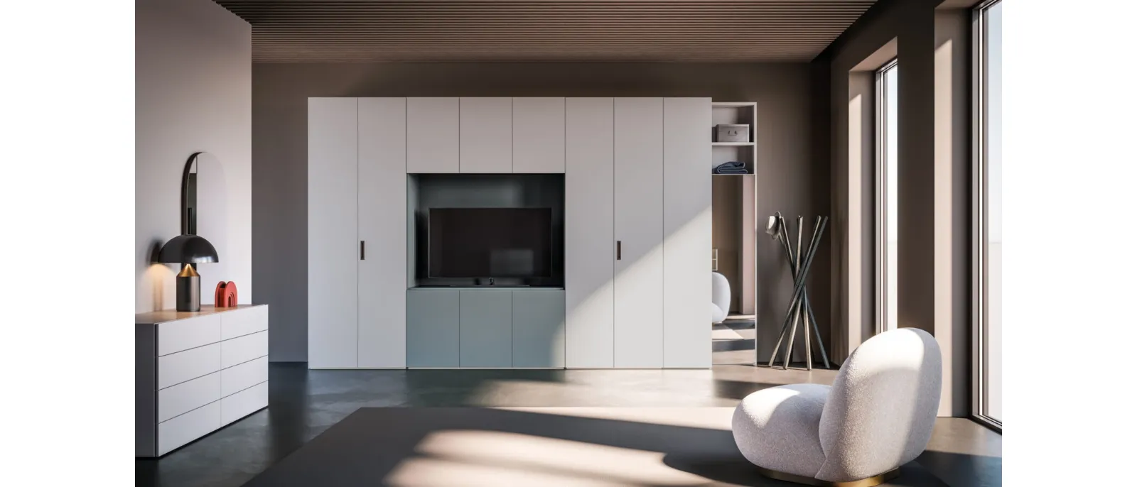 Night 07 wardrobe with hinged doors in matte lacquered Feather and Mist by Orme.