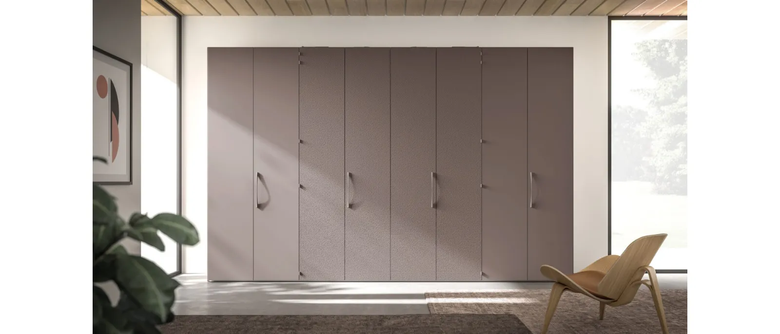 Night 08 hinged door wardrobe in Clay matte lacquer and Clay Orme Intreccio.