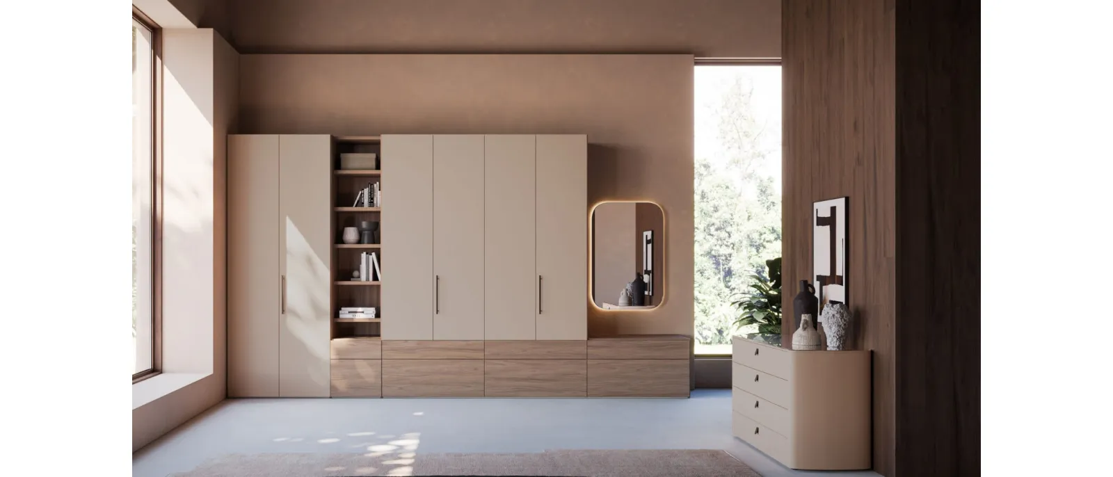 Night 10 hinged door wardrobe in matte lacquered Ecru and textured Walnut of Elm.