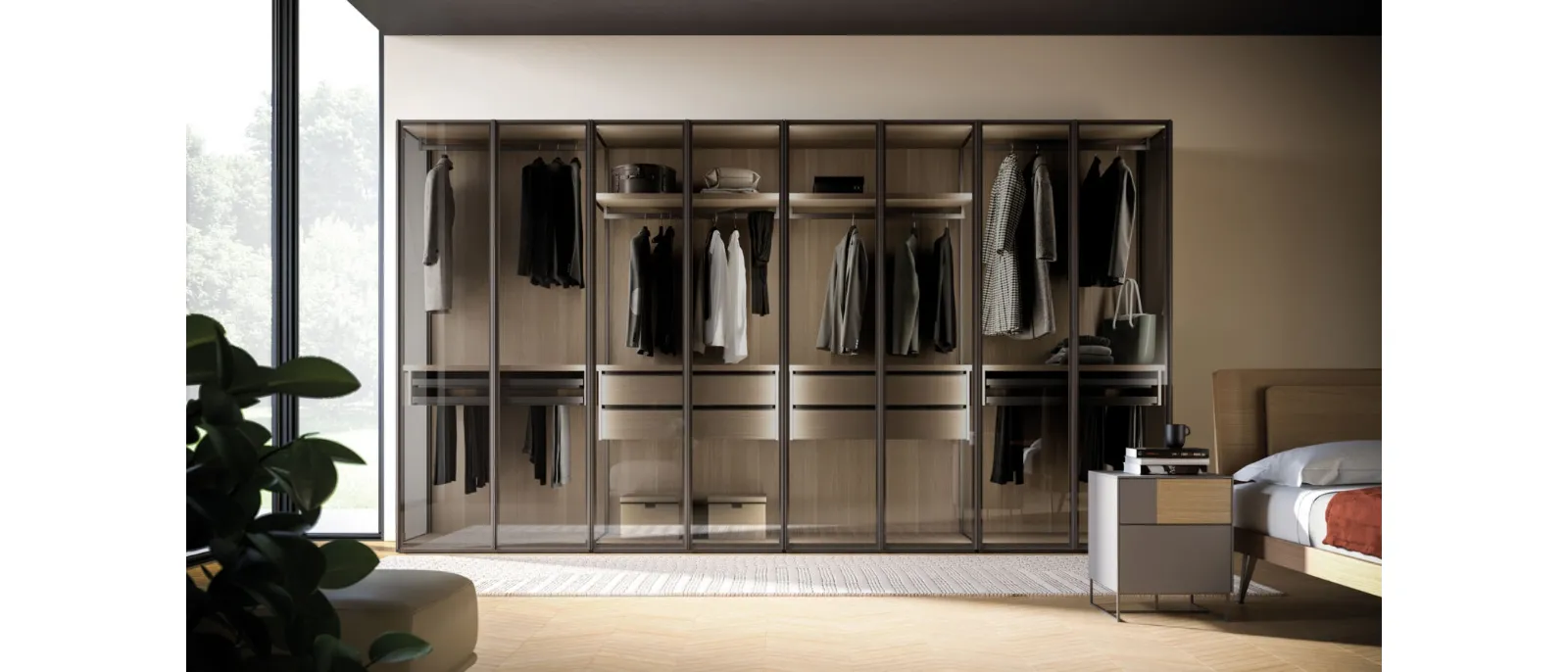 Night 15 swing door wardrobe in Smoked Glass and Oak by Orme.