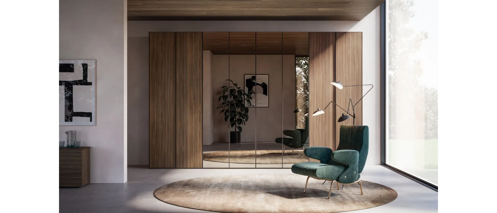 Night 17 swing door wardrobe in Cotto material and Bronzatodi Orme mirror.