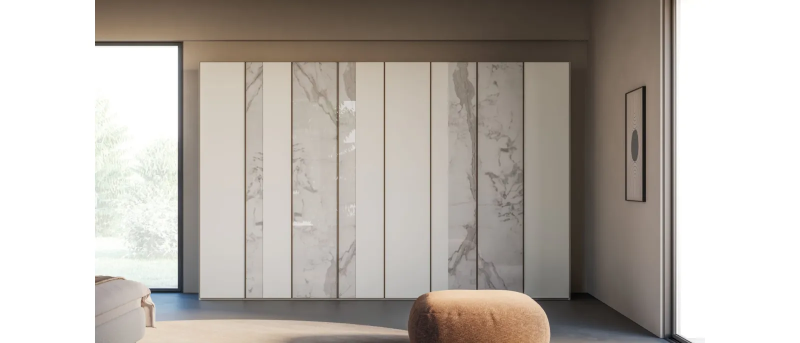 Night 19 swinging door wardrobe in Matte White lacquer and screen-printed Calacatta Gold glass by Orme.