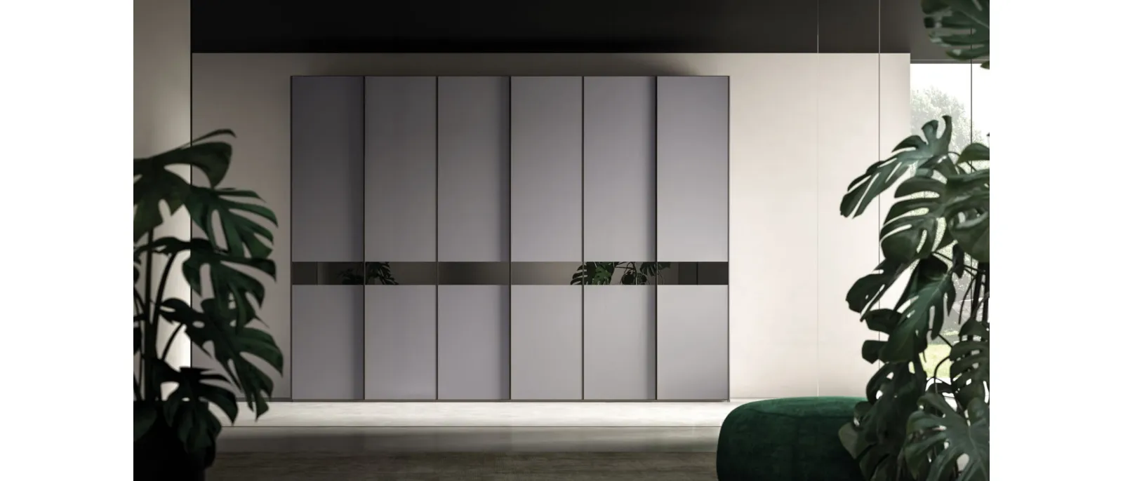 Night 21 hinged door wardrobe in matte Basalt lacquer with Orme mirror strip.