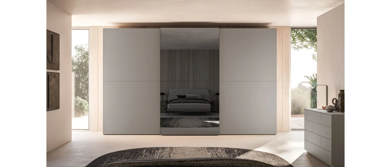 Night 29 sliding door wardrobe in matt lacquered Titanium and Stopsol glass by Orme.