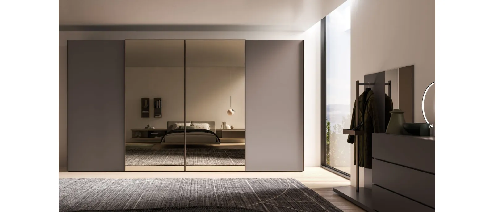 Night 30 sliding door wardrobe in Clay matte lacquer and Bronzed mirror by Orme.