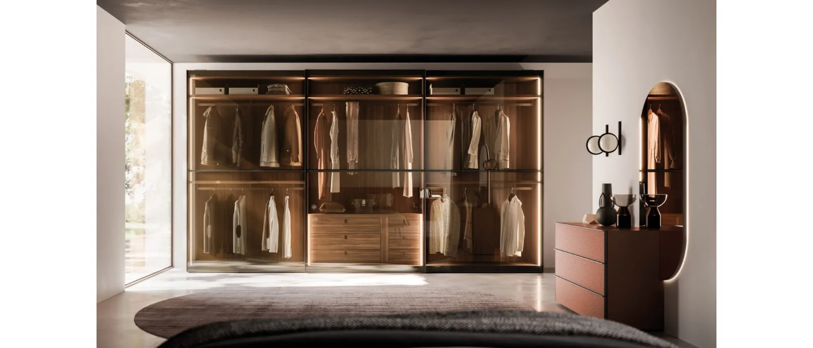 Night 31 sliding door wardrobe in bronzed glass and burnished metal by Orme.
