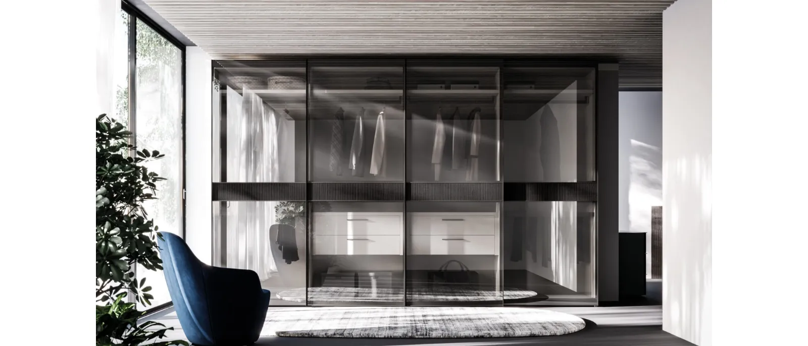Night 33 sliding door wardrobe in bronzed glass and striped charcoal melamine by Orme.