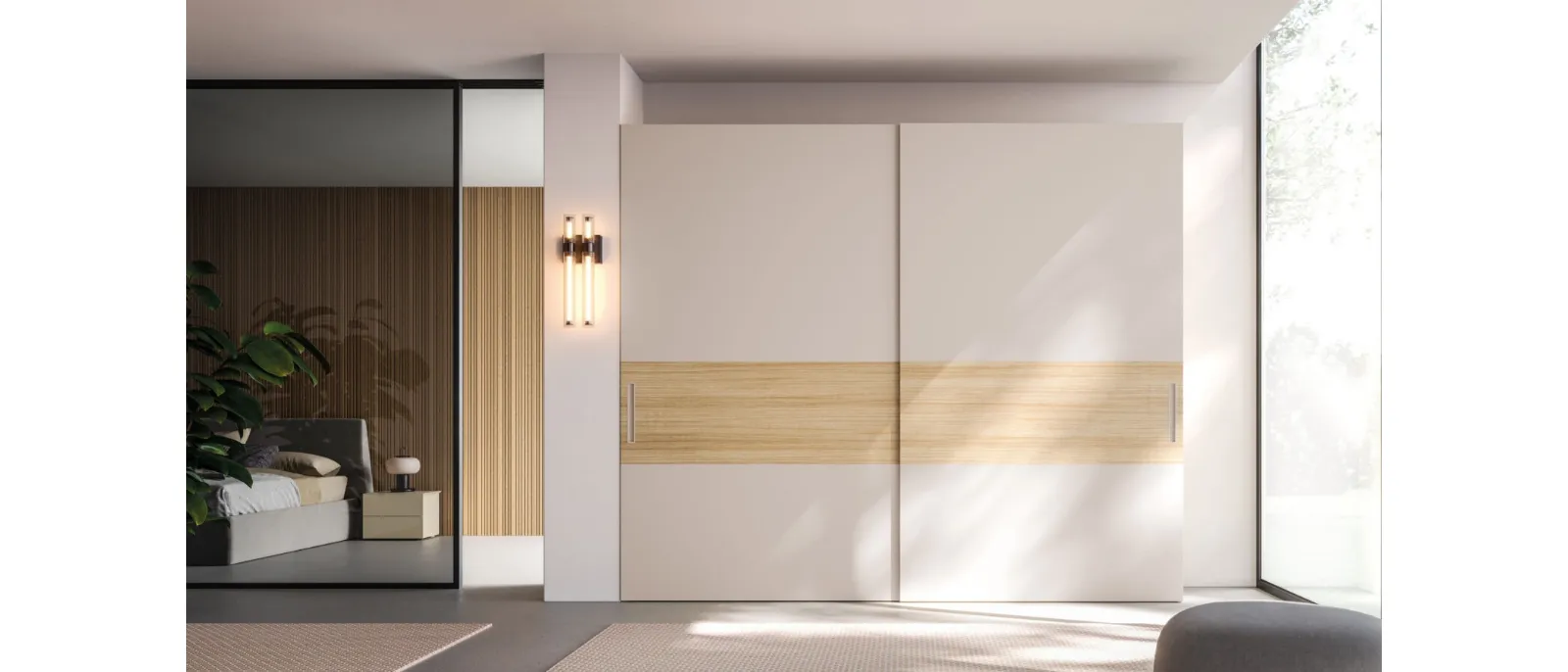 Night 35 sliding door wardrobe in matte Sand lacquer and textured Oak by Orme.