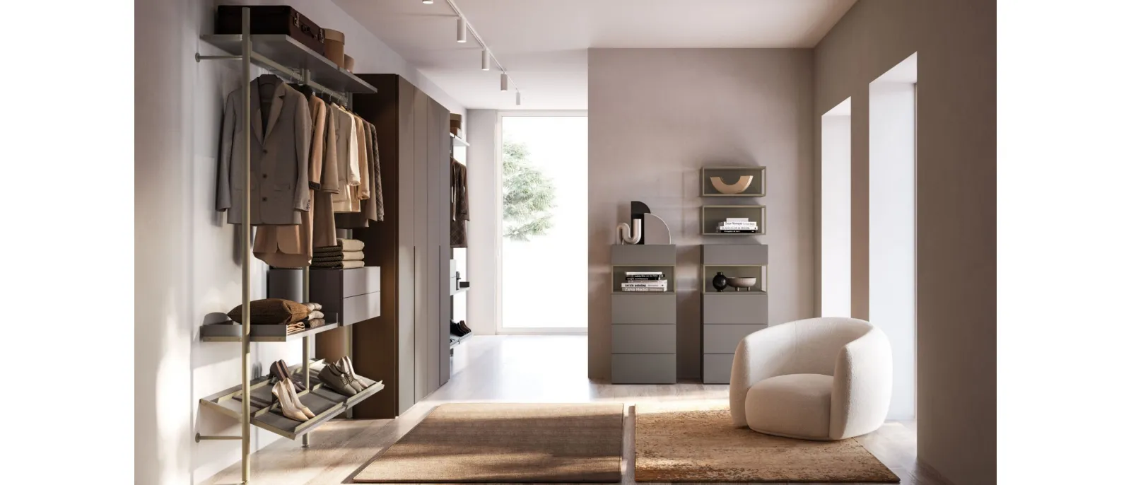 Palko walk-in closet in lacquered finish with melamine wardrobe by Orme.