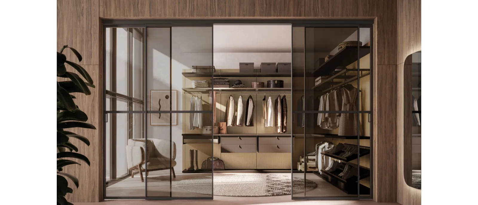 Walk-in wardrobe Scenario 01 in terracotta and burnished metal by Orme.