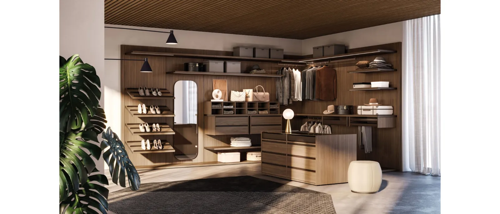Walk-in closet Scenario 02 in Rovere Rigato decor by Orme.
