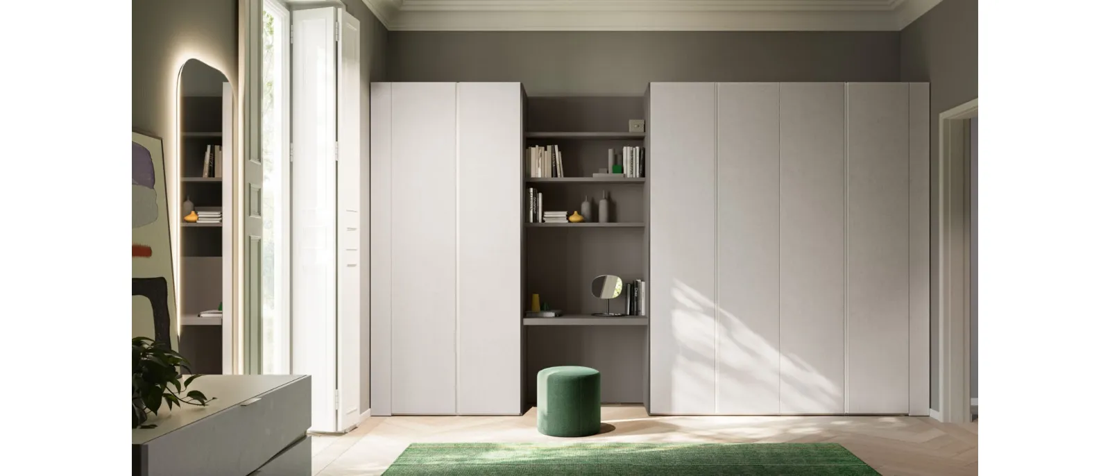 Wardrobe with swing doors and desk space module Tratto 29 by Orme.