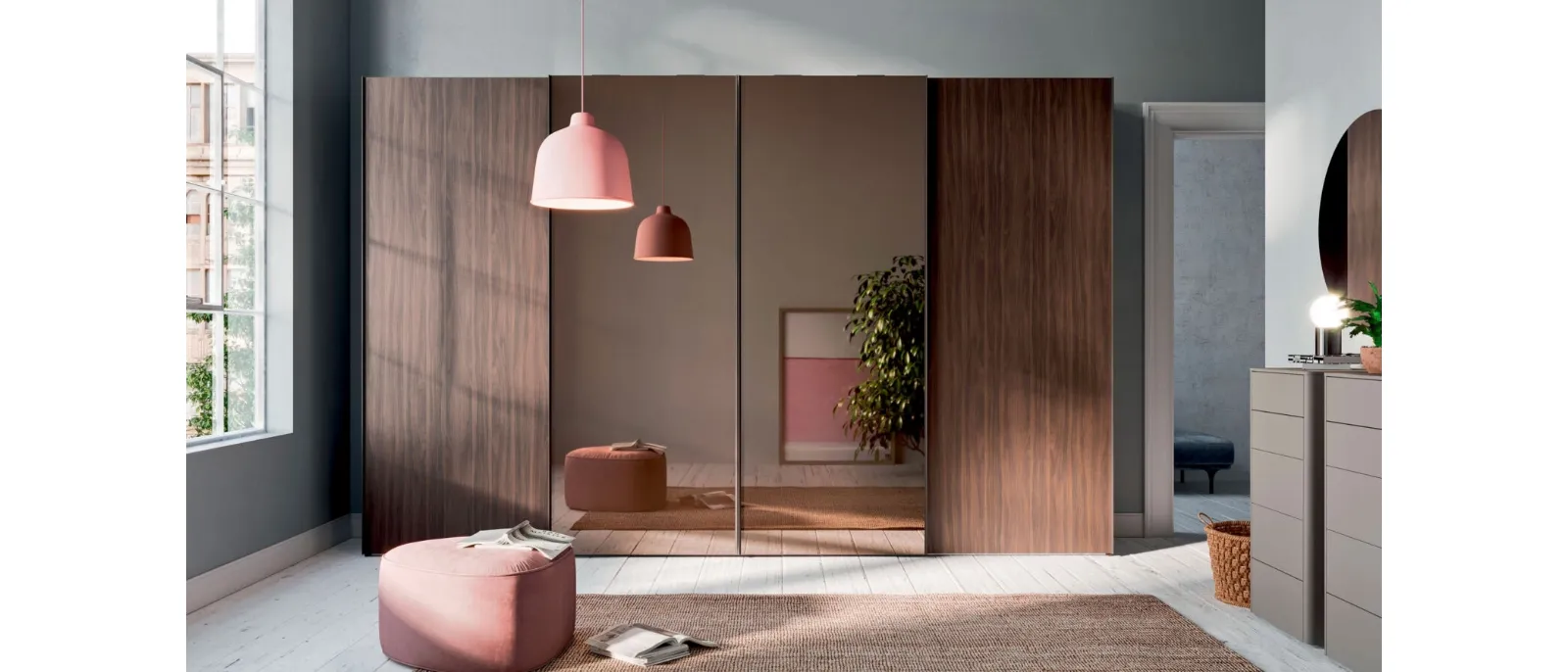 Sliding door wardrobe Trio Specchio in cotto material and bronzed mirror by Orme.