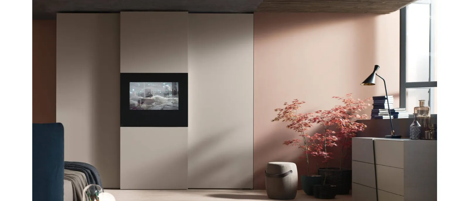 Wallblog3 is a wall system with cabinets and open shelves
